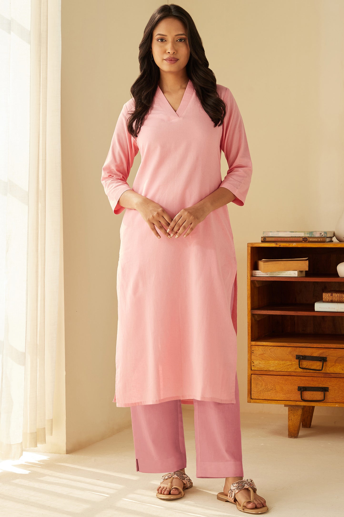 Office Wear Airy Linen Light Pink Kurta pant set