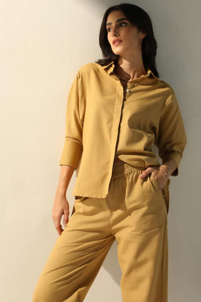 Caramel  Airy Linen Chic Sleeve Cord-Set