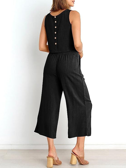 100% Soft Linen Viscose Black Cord-set - Crop-top and pants Set