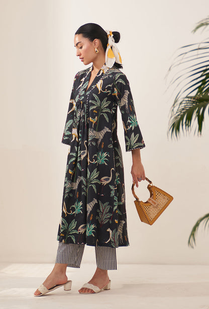 Black Tropical And Stripe Lovebirds Kurta Set