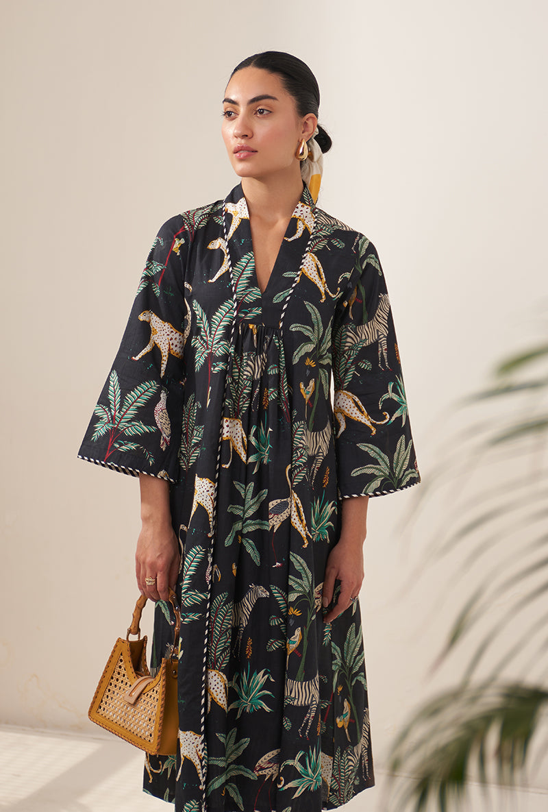 Black Tropical And Stripe Lovebirds Kurta Set