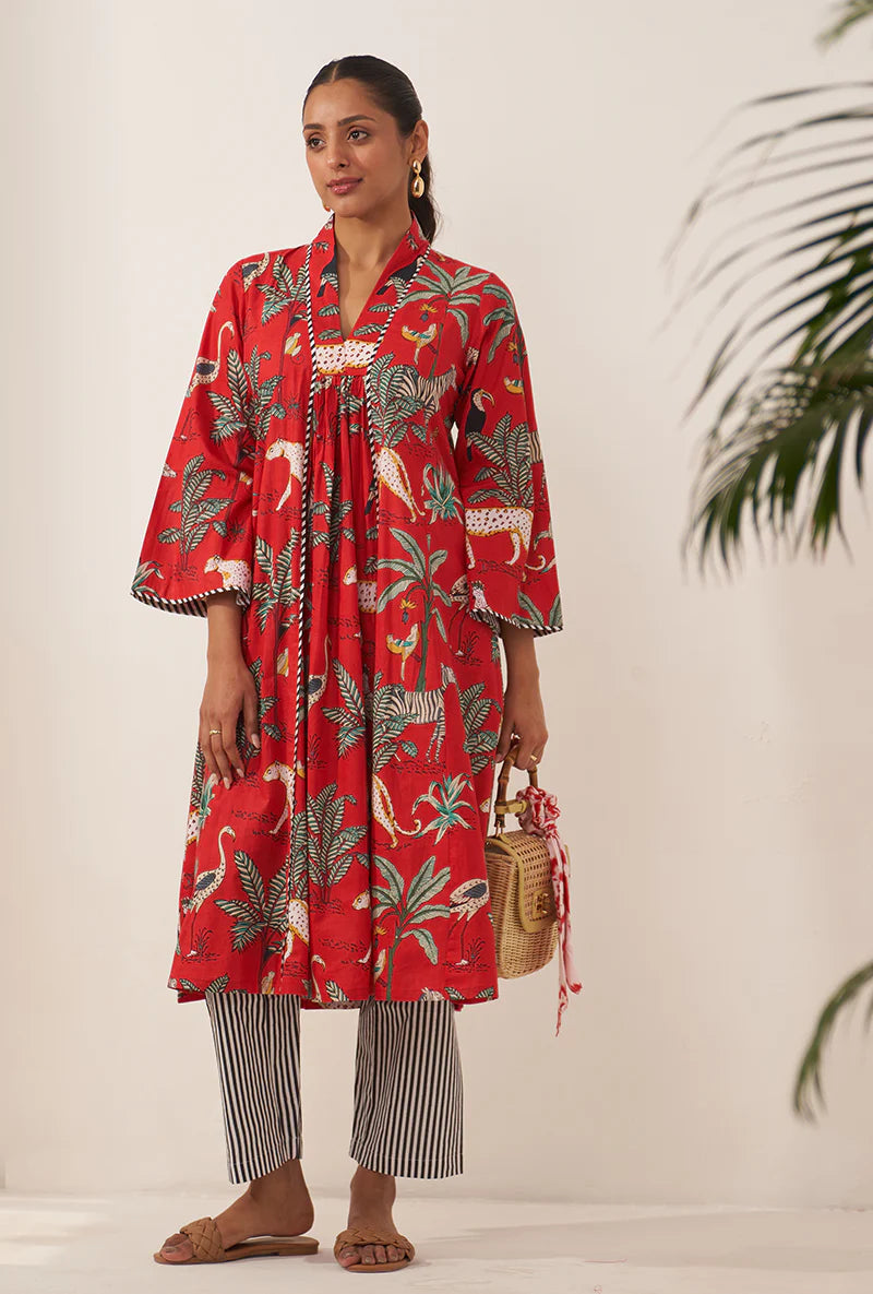 Red Tropical And Stripe Lovebirds Kurta Set/ Coord set with Pants.