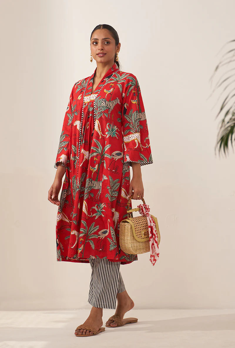 Red Tropical And Stripe Lovebirds Kurta Set/ Coord set with Pants.