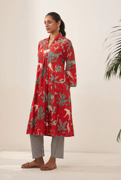 Red Tropical And Stripe Lovebirds Kurta Set/ Coord set with Pants.