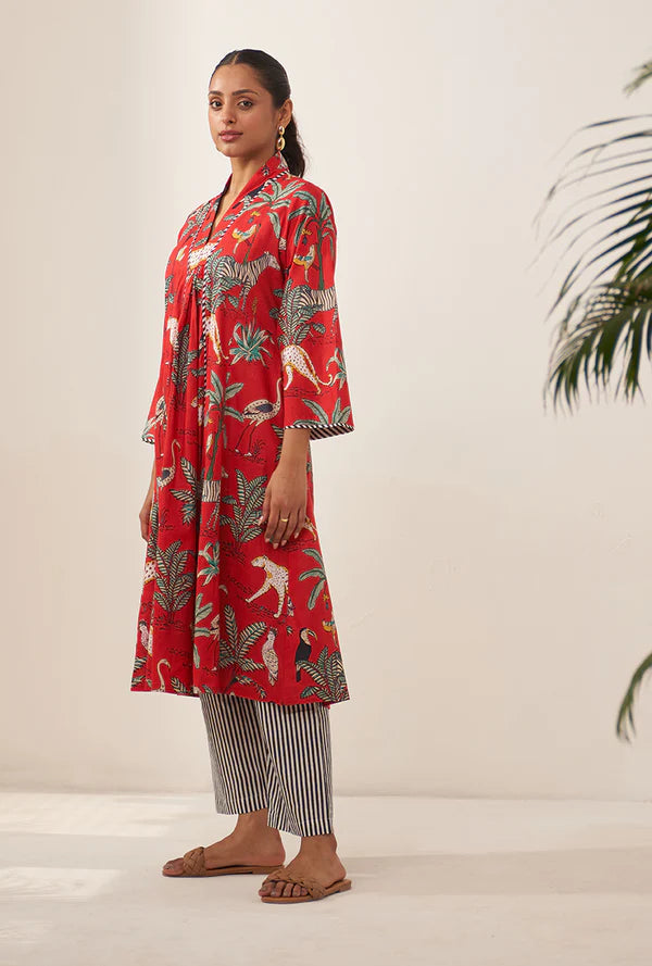 Red Tropical And Stripe Lovebirds Kurta Set/ Coord set with Pants.