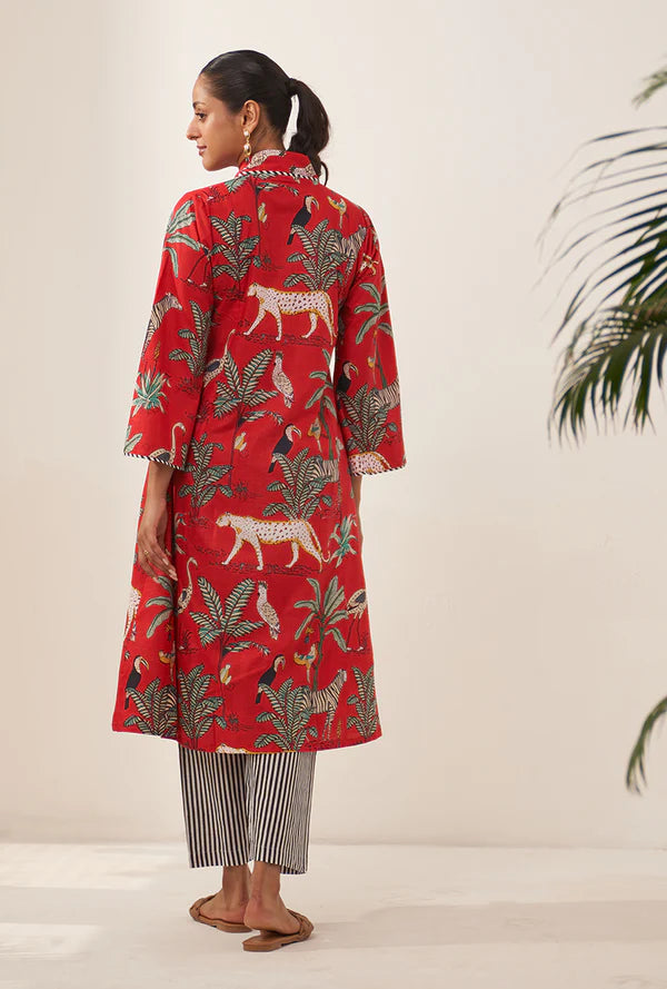 Red Tropical And Stripe Lovebirds Kurta Set/ Coord set with Pants.