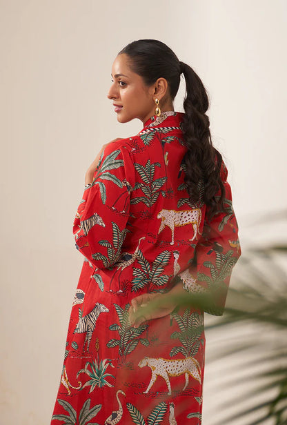 Red Tropical And Stripe Lovebirds Kurta Set/ Coord set with Pants.