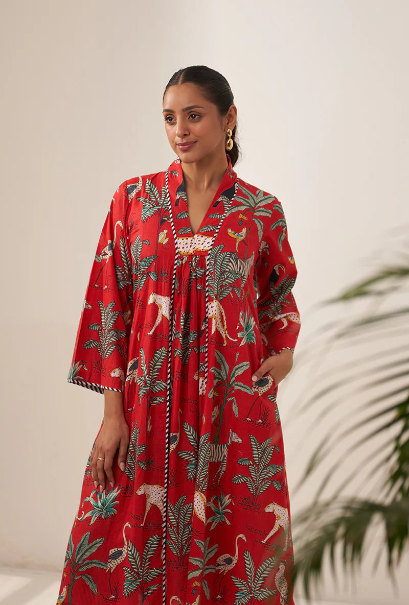 Red Tropical And Stripe Lovebirds Kurta Set/ Coord set with Pants.