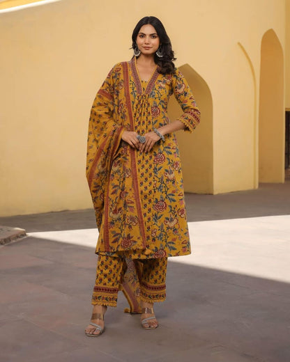 Ajrak Print Hand Embroidery Pure Cotton Kurta Set with Pant & Dupatta - Mustard