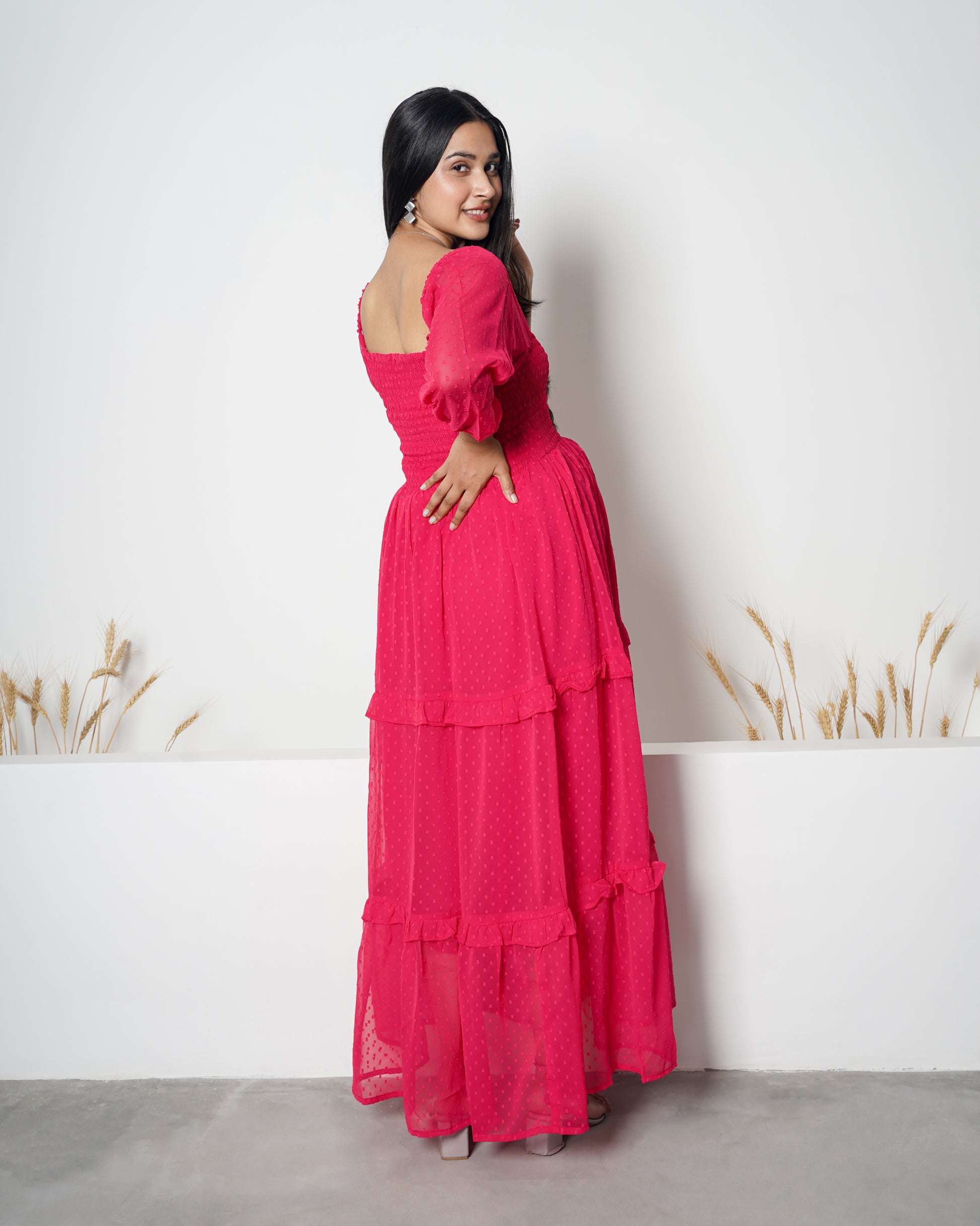Pink Dobby Smoked One Piece Maxi Dress Pink Dobby Smoked One Piece Maxi Dress