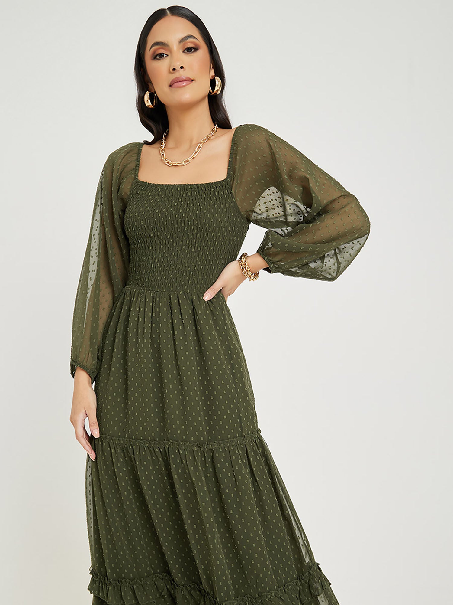 Olive Green Dobby Smoked One Piece Maxi Dress Olive Green Dobby Smoked One Piece Maxi Dress