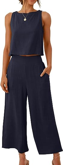 100% Soft Linen Viscose Navy Blue Cord-Set-  Crop-top and pants Set