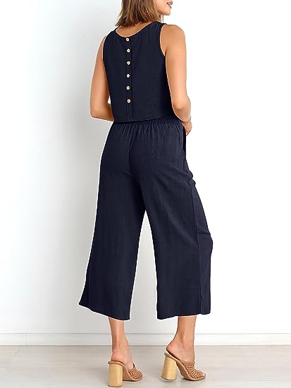 100% Soft Linen Viscose Navy Blue Cord-Set-  Crop-top and pants Set