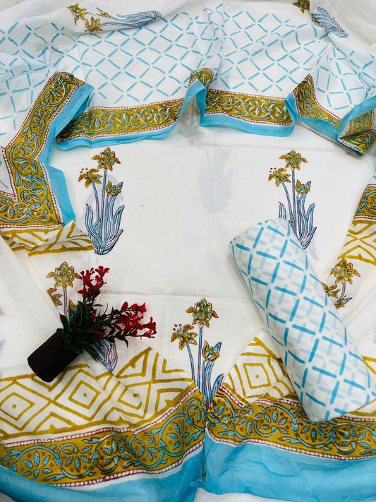 Butta Print Cotton Suit Set With Mulmul Dupatta