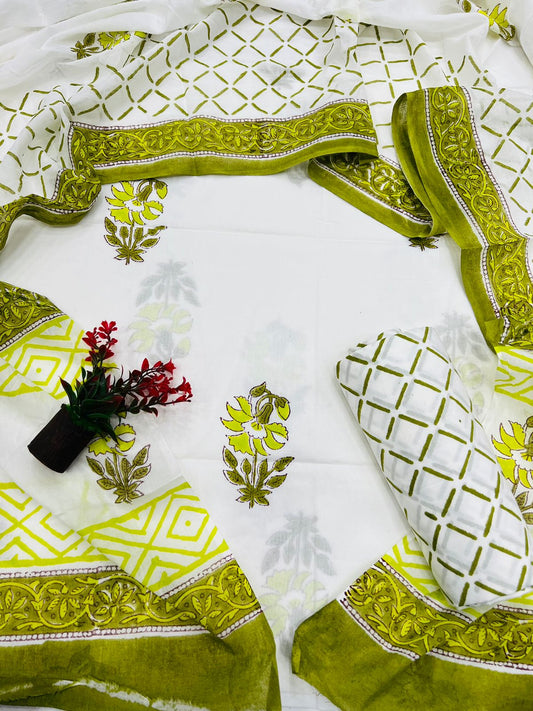 Mugal Print Cotton Suit Set With Mulmul Dupatta