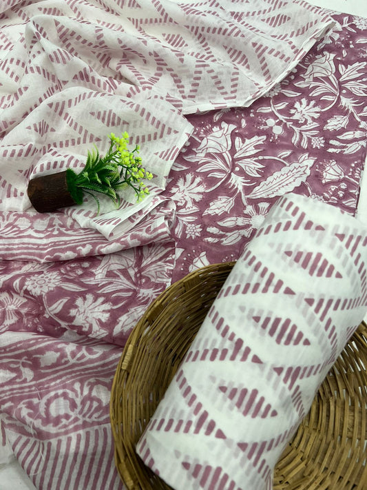 Jaipuri Block Printed Cotton Suit Set With Mulmul Dupatta