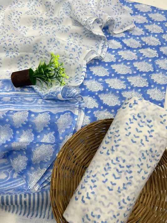 Printed Cotton Suit Set With Mulmul Dupatta