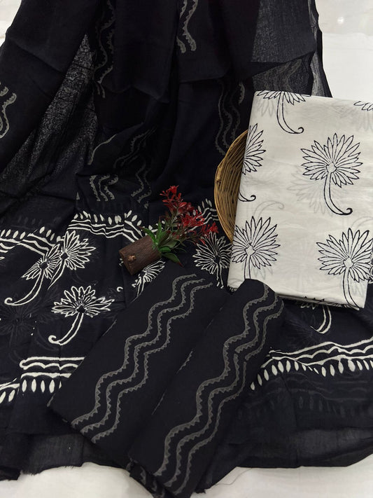 Black And White Cotton Suit Mulmul Dupatta