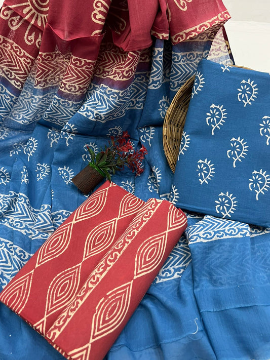 Traditional Cotton Suit Set With Mulmul Dupatta