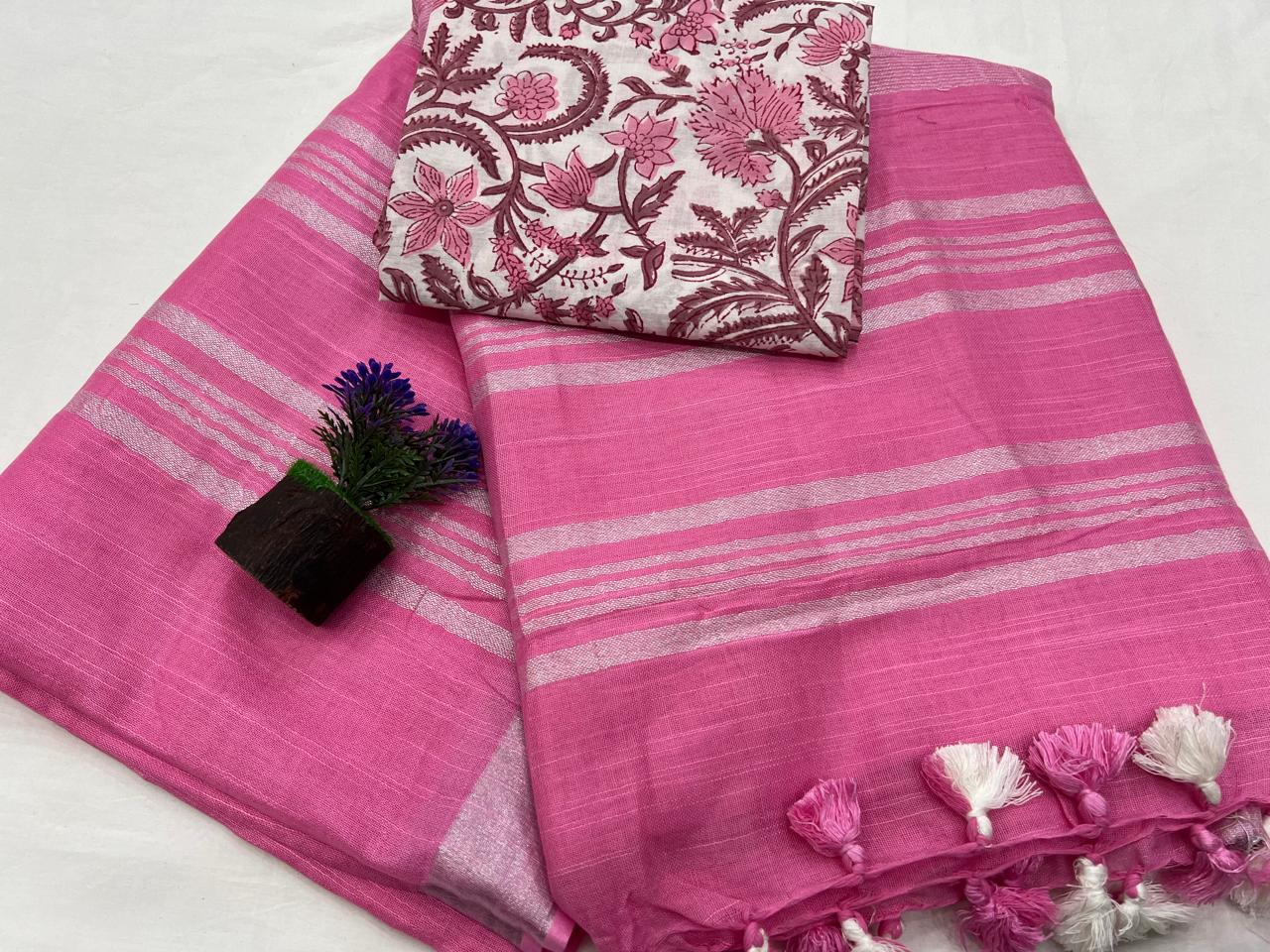 Hastakala Cotton Linen Saree With Printed Cotton Blouse