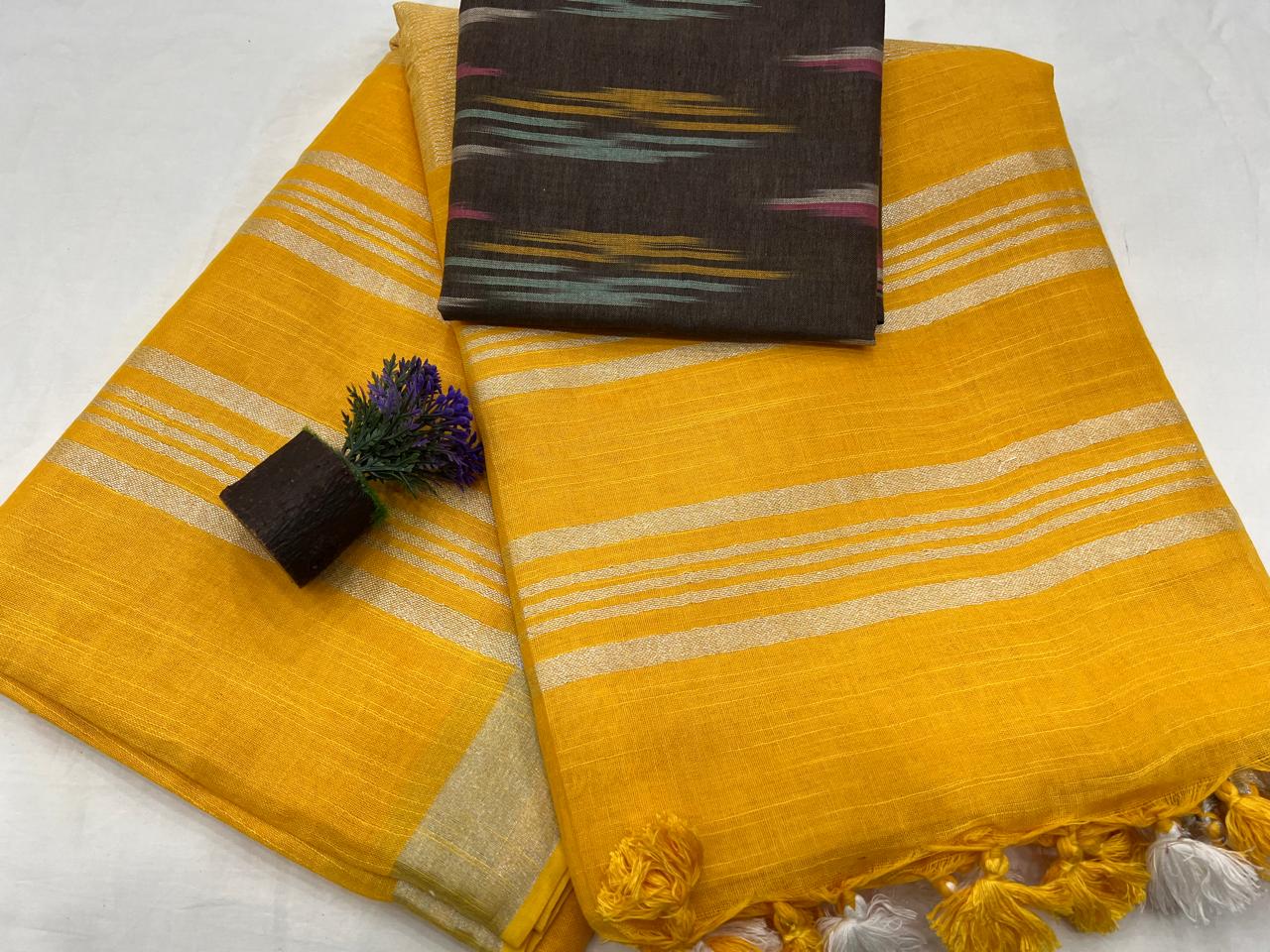 Handloom Cotton Linen Saree With Printed Cotton Blouse