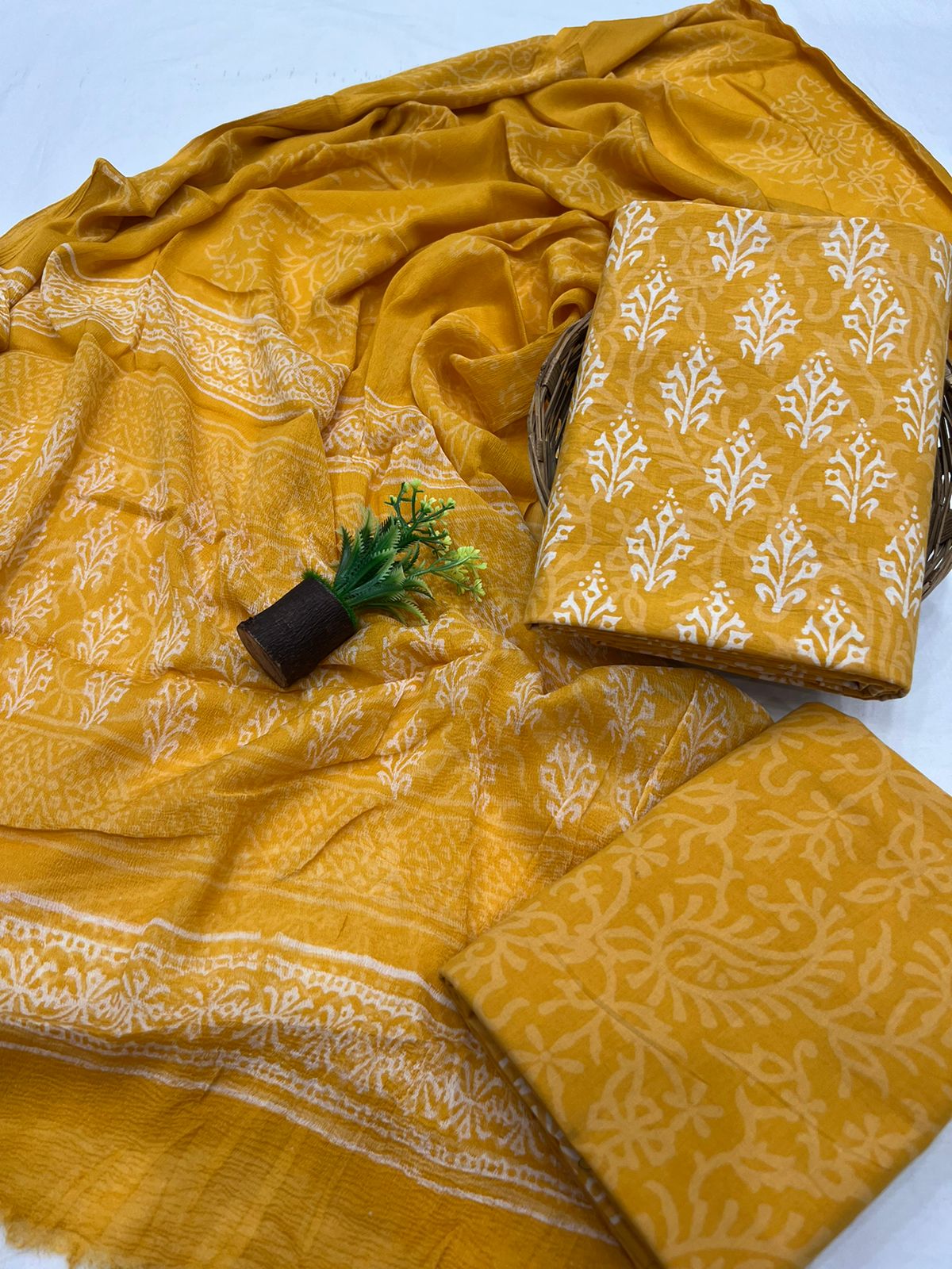 Bagru Printed Cotton Suit With Chiffon Dupatta