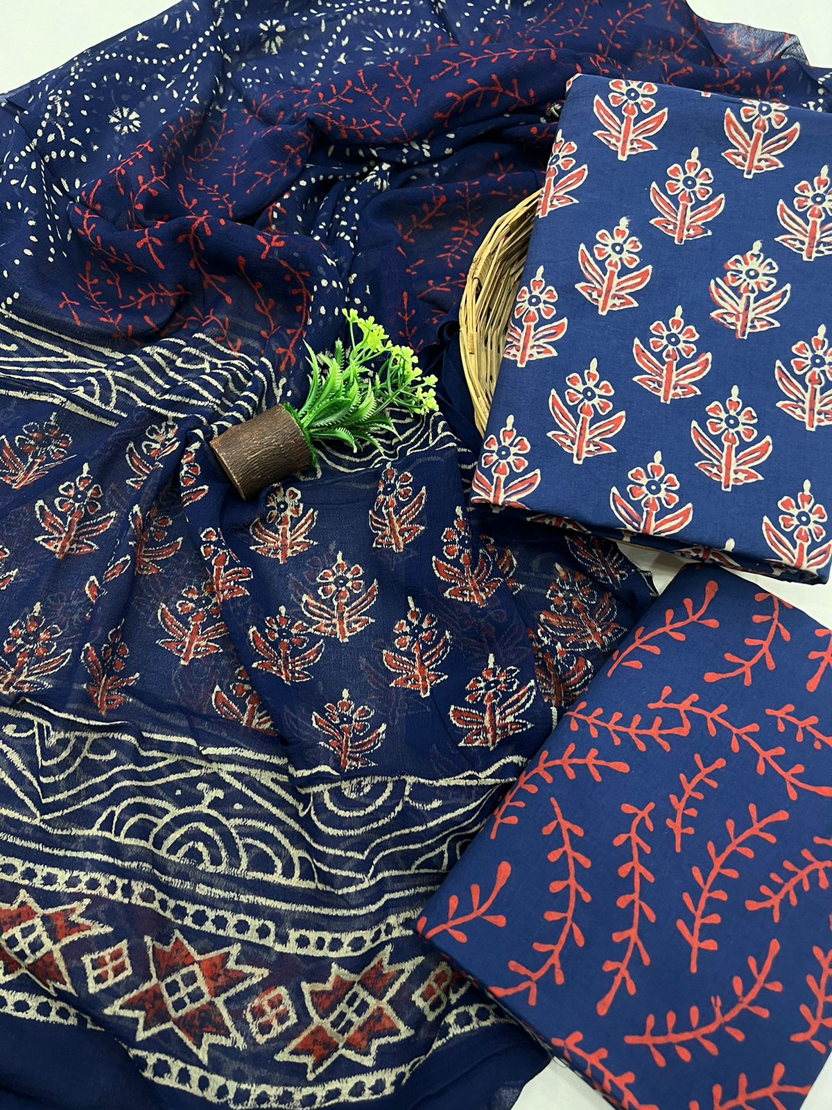 Block Printed Cotton Suit With Chiffon Dupatta
