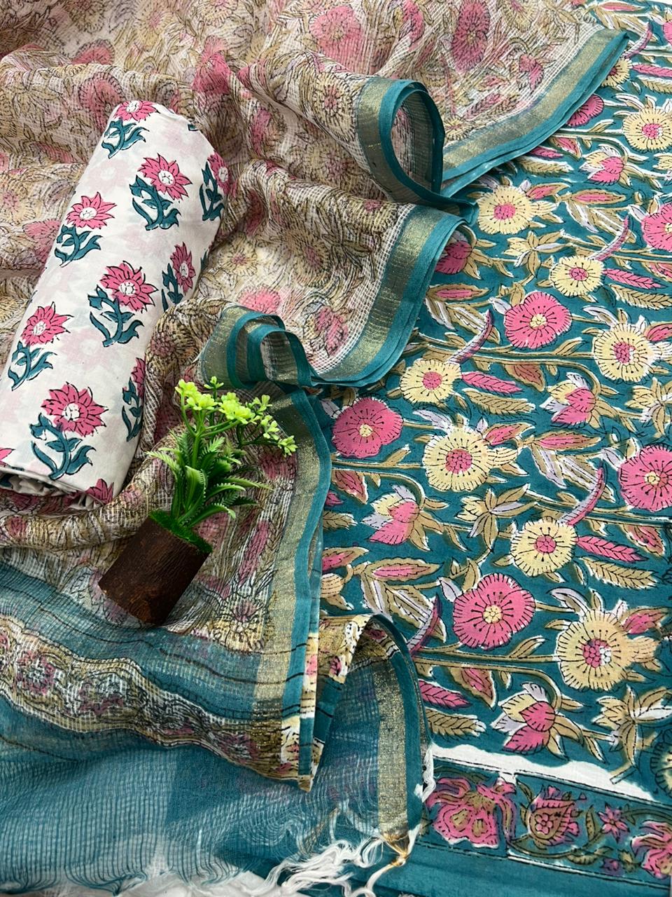 Multicolor Cotton Suit Set With Kota Doriya Dupatta