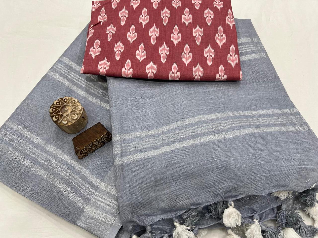 Plain Cotton Linen Saree With Printed Cotton Blouse