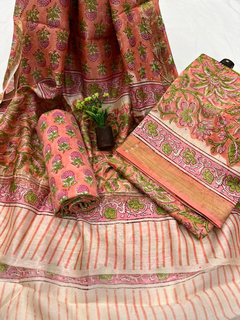 Hand Block Printed Pure Maheshwari Silk Suit