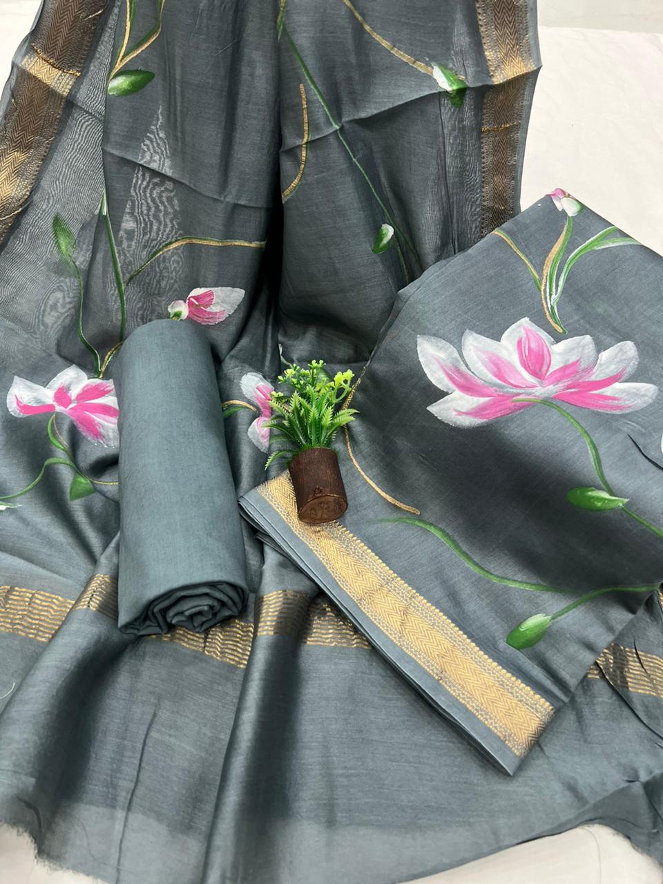 Hand Block Printed Maheshwari Silk Suit