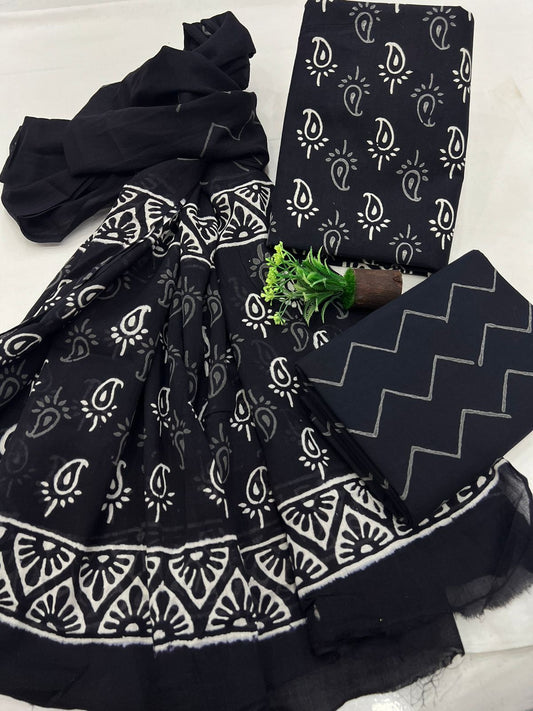 Traditional Bagru Cotton Suit Set With Mulmul Dupatta