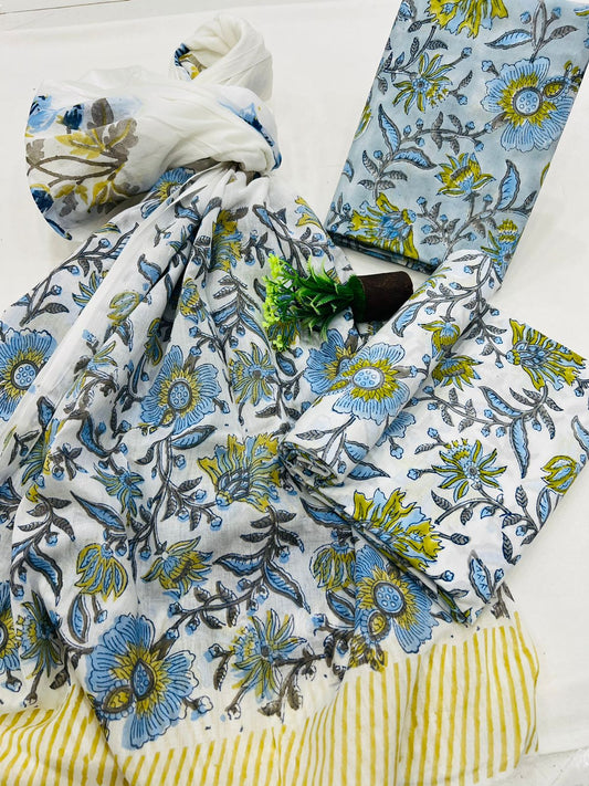 Bagru Print Cotton Suit Set With Mulmul Dupatta