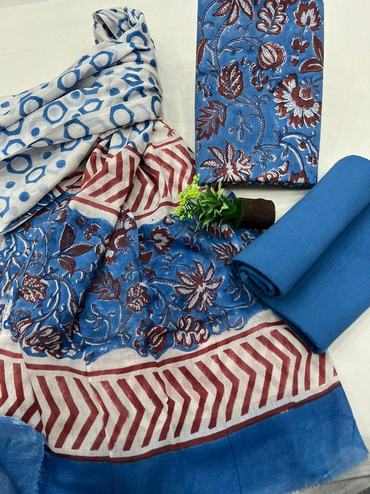 Hand Block Print Cotton Suit Set With Mulmul Dupatta