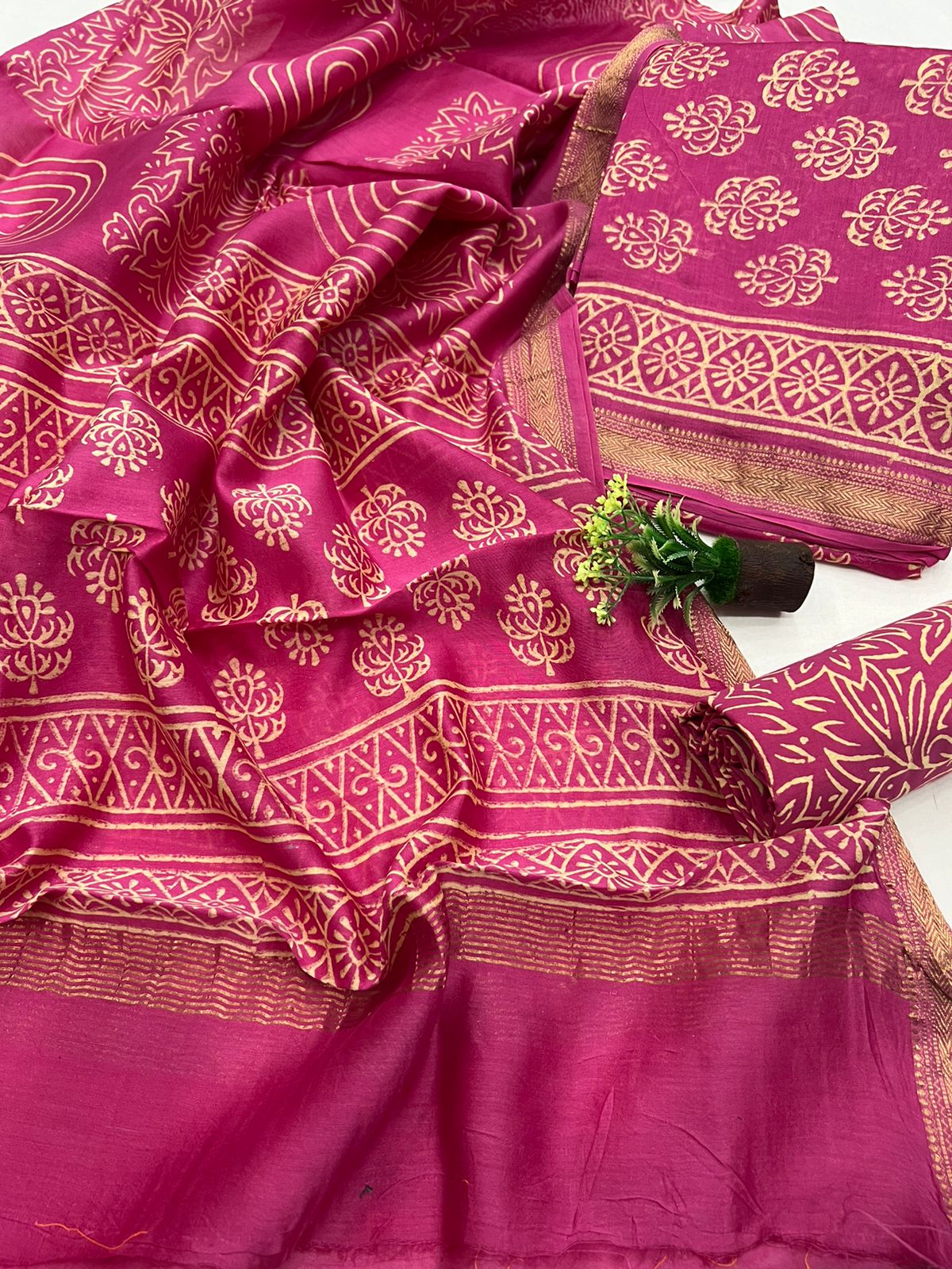 Hand Block Printed Pure Maheshwari Silk Suit