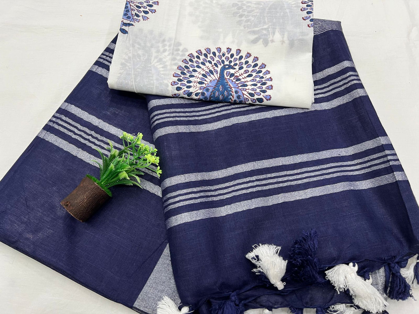 Blue Handloom Cotton linen saree with printed cotton blouse