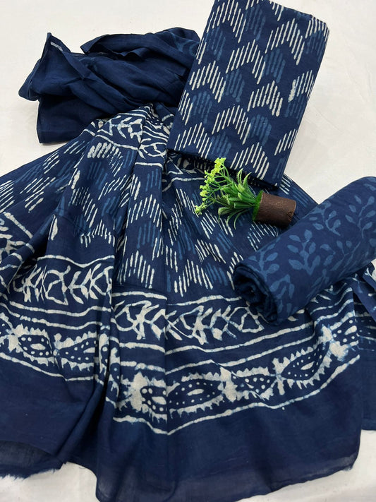 Indigo dabu Hastkala Cotton Suit Set With Mulmul Dupatta