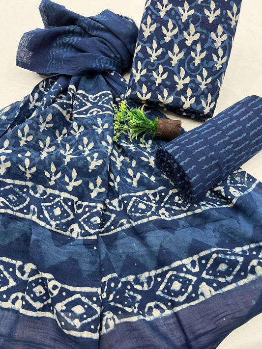 Indigo dabu print Cotton Suit Set With Mulmul Dupatta