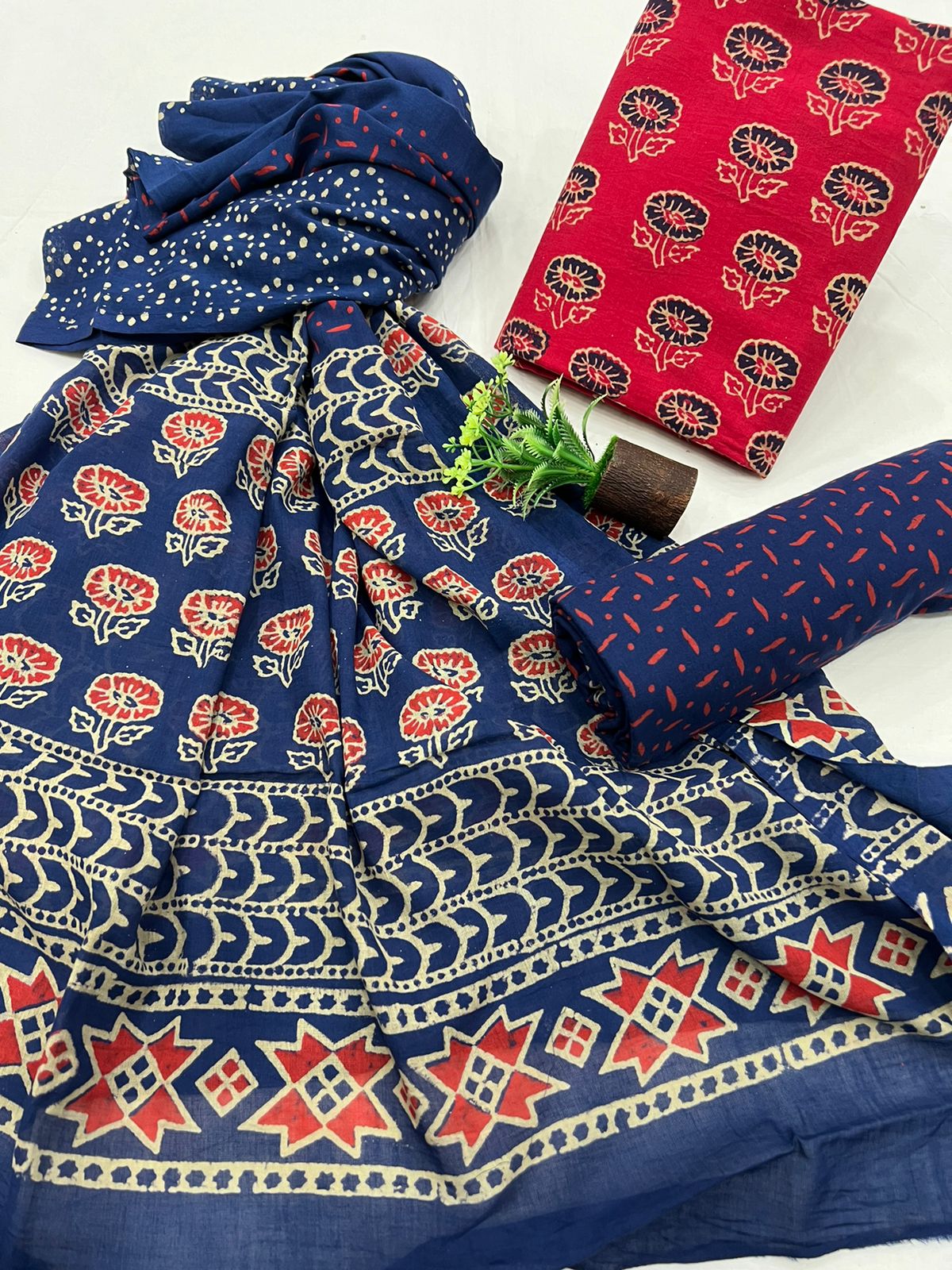Casual Bagru Print Cotton Suit Set with mulmul Dupatta