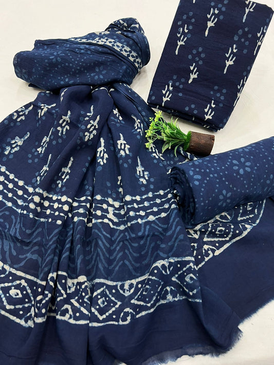 Indigo Dabu Print Cotton Suit Mulmul Dupatta