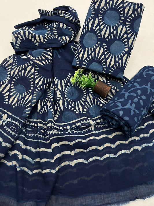 Indigo Dabu Print Cotton Suit Mulmul Dupatta