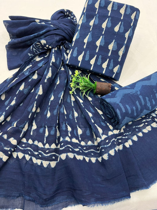 Indigo Dabu Print Cotton Suit Mulmul Dupatta