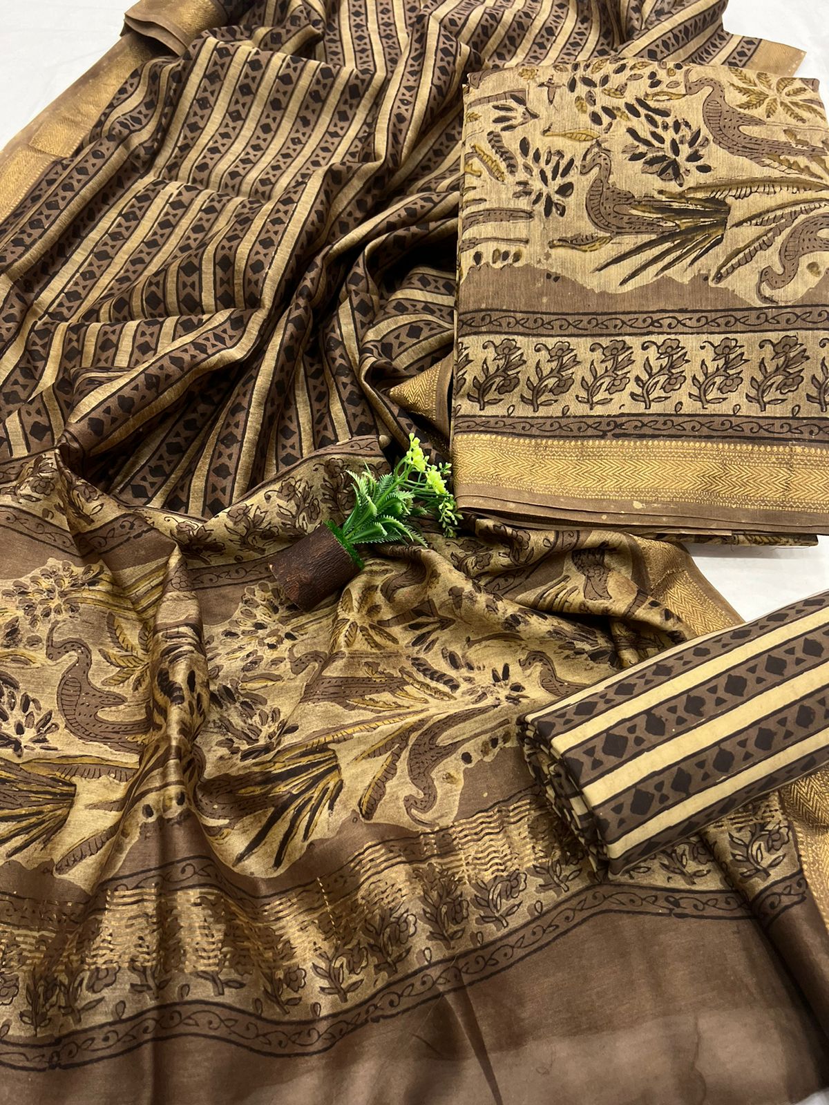 Hand Block Printed Pure Maheshwari Silk Suit