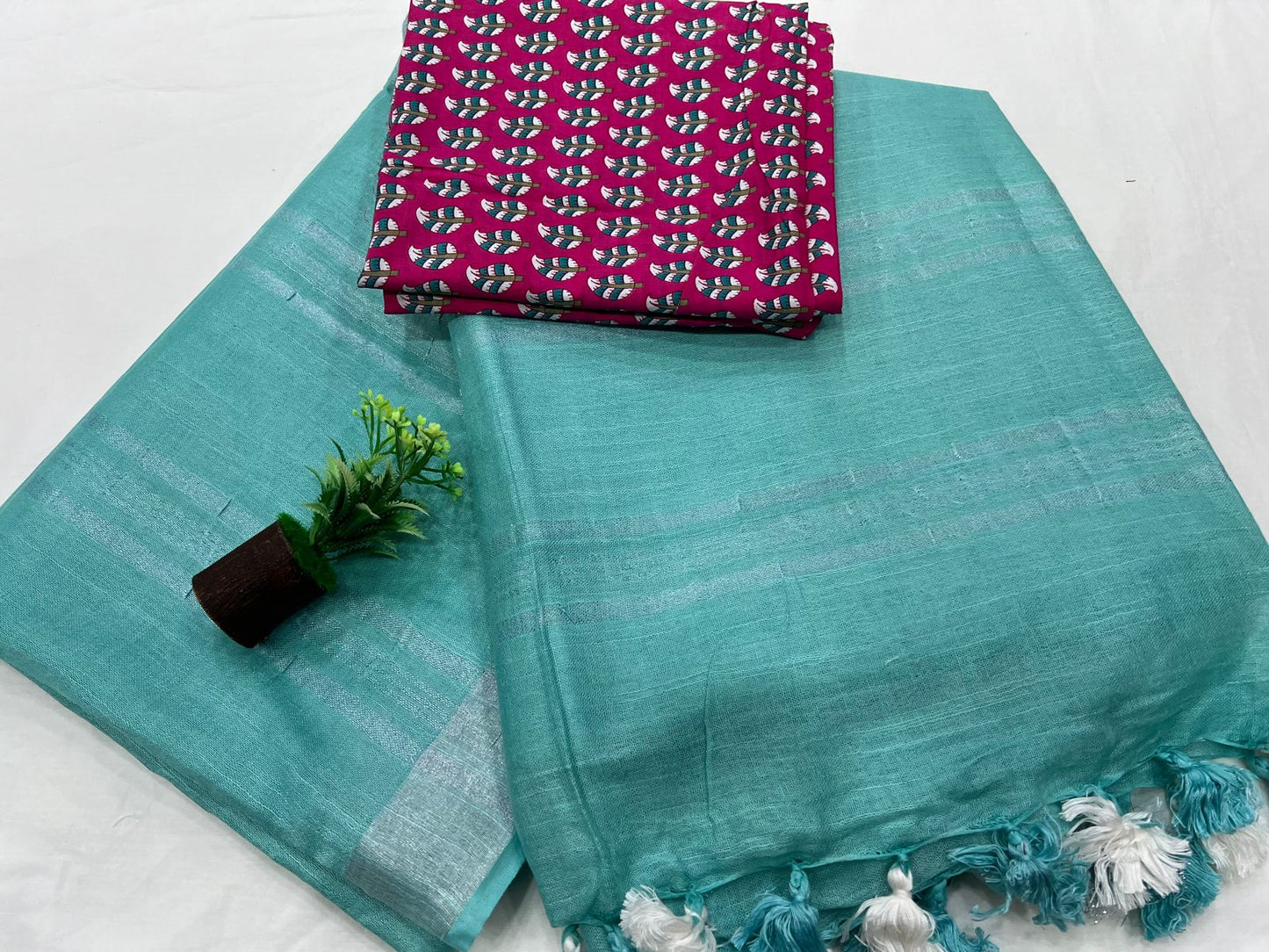 Casual cotton linen saree with printed cotton blouse