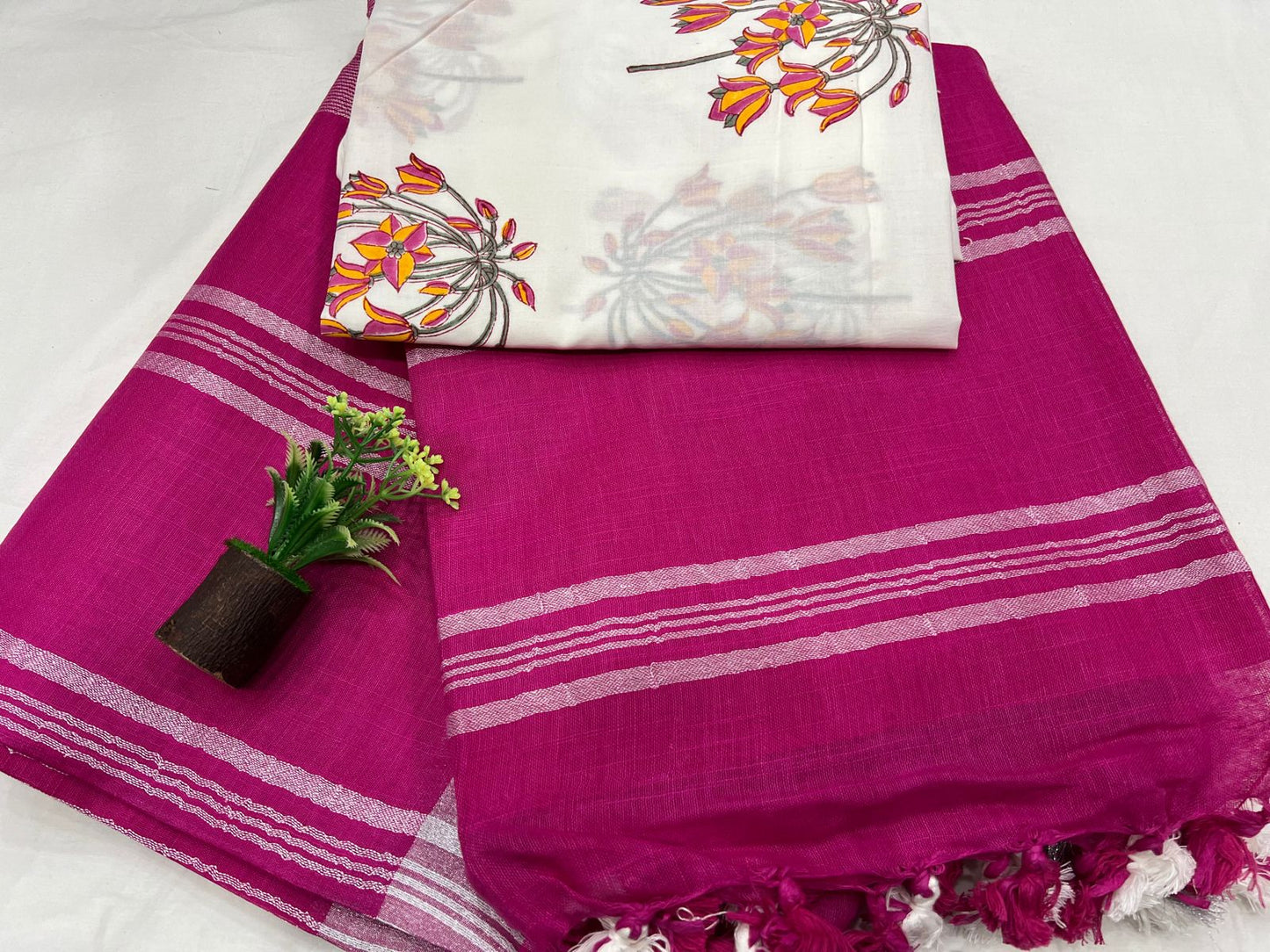 Bagru Handloom Cotton linen saree with printed cotton blouse