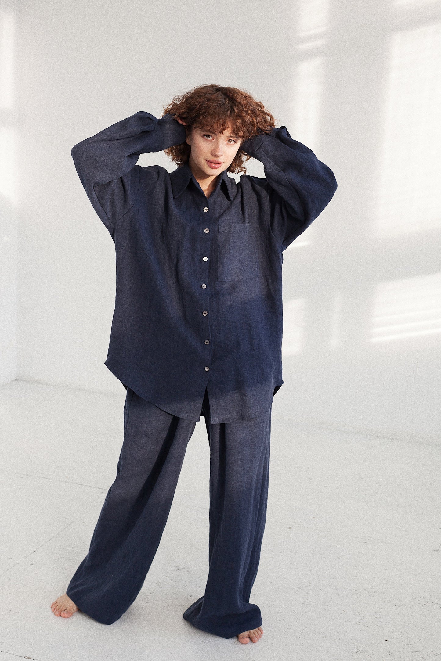 100% Organic Cotton Linen Coord Set/ Airport Look Longe Pants With Shirt Lounge Set//MIDNIGHT