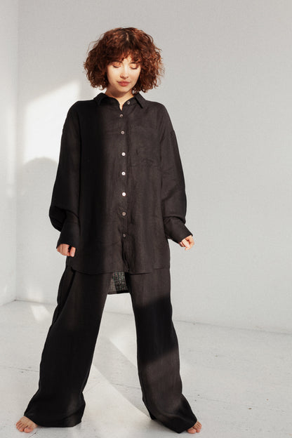 100% Organic Cotton Linen Coord Set/ Airport Look Longe Pants With Shirt Lounge Set/// BLACK