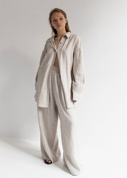 100% Organic Cotton Linen Coord Set/ Airport Look Longe Pants With Shirt Lounge Set/ Beige