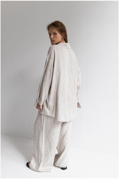 100% Organic Cotton Linen Coord Set/ Airport Look Longe Pants With Shirt Lounge Set/ Beige