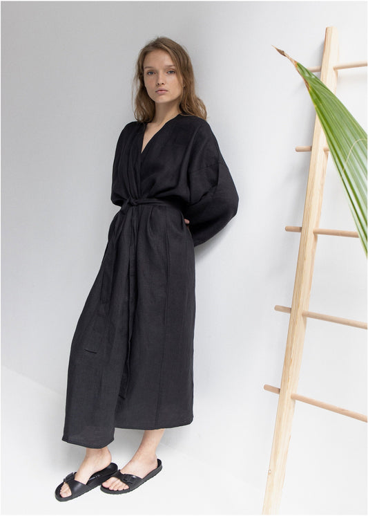 LINEN ROBE DRESS///BLACK